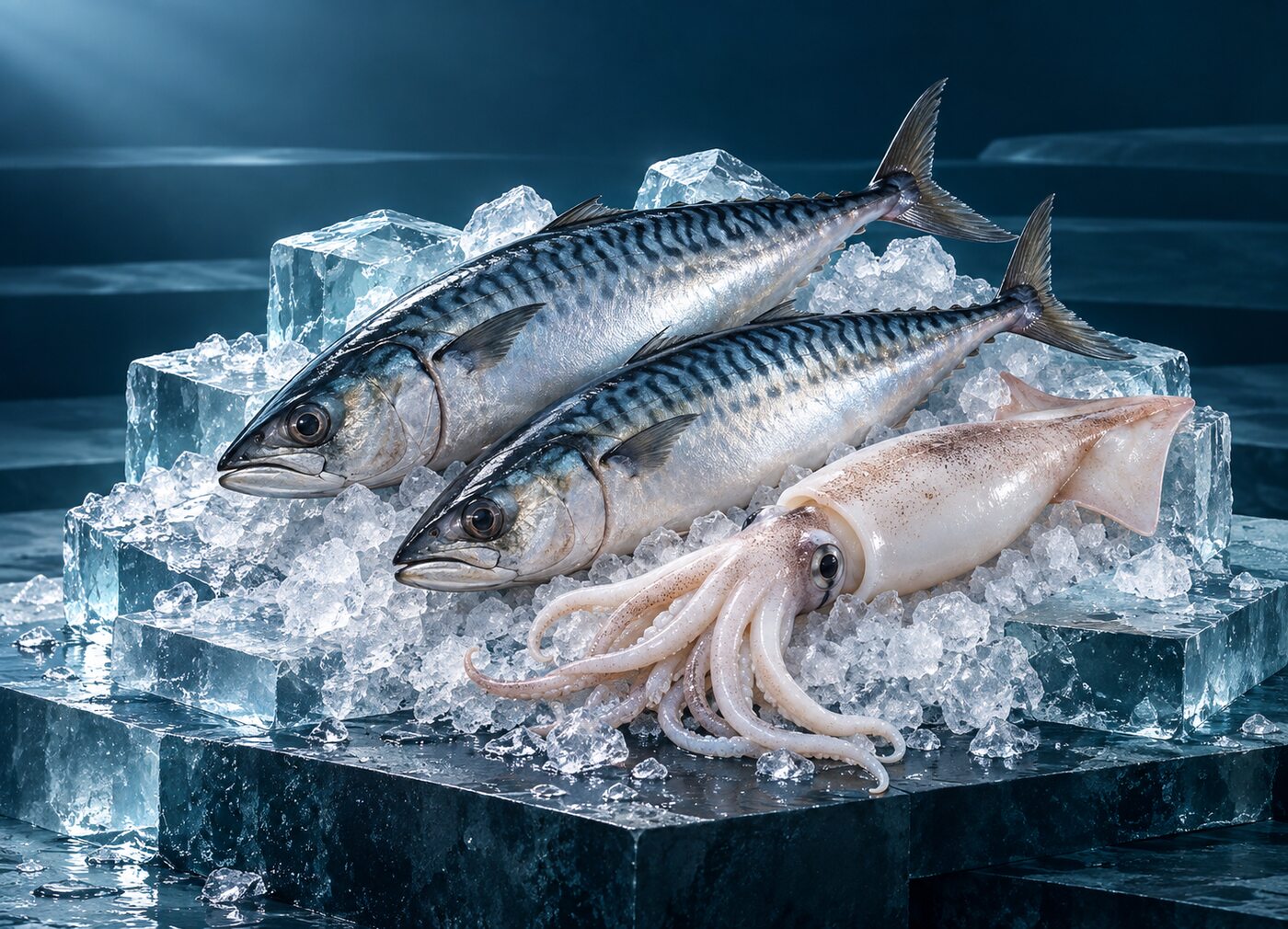 Mackerel and squid on ice, stylized seafood presentation